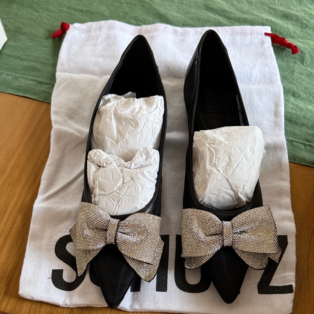 SCHUTZ Lyla Black Mesh Rhinestone Bow Ballet Flats